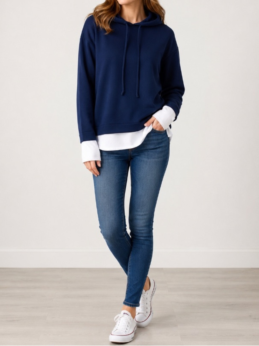 Six/FiftyCasual Women's Navy Hooded Pullover with Layered Hem